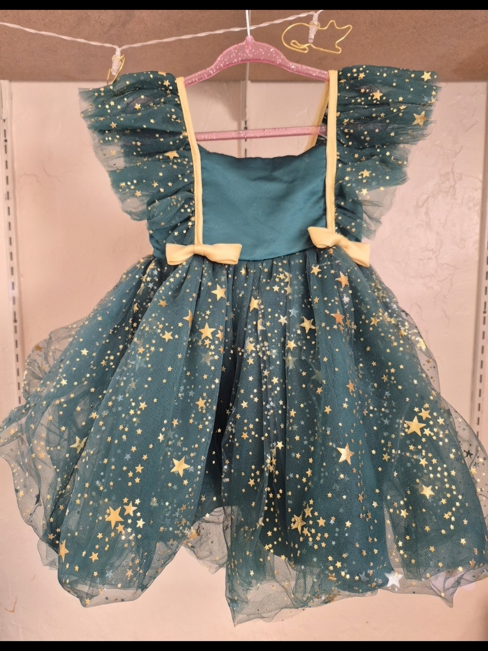 SHEIN Teal Tulle Dress with Gold Star Print and Bows